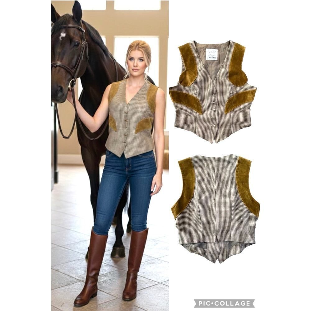 VTG Moschino Cheap and Chic Wool Vest Suede Patches Equestrian Italy AEFFE Small